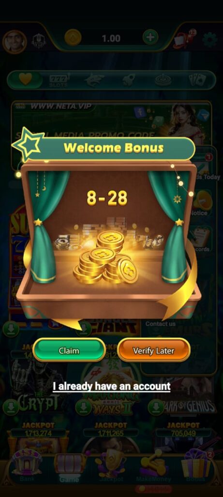 NETA VIP Slots App and Claim Your RS.50 Welcome Bonus